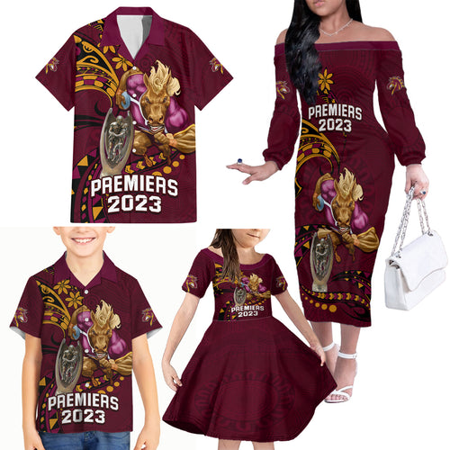 custom-nrl-broncos-premiers-family-matching-off-shoulder-long-sleeve-dress-and-hawaiian-shirt-mascot-with-polynesian-pattern-version-2023