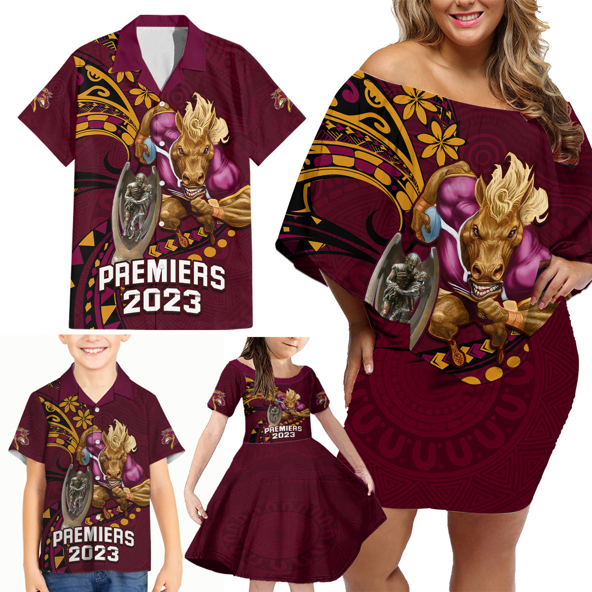 custom-nrl-broncos-premiers-family-matching-off-shoulder-short-dress-and-hawaiian-shirt-mascot-with-polynesian-pattern-version-2023