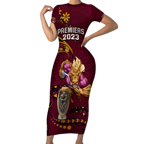 custom-nrl-broncos-premiers-family-matching-short-sleeve-bodycon-dress-and-hawaiian-shirt-mascot-with-polynesian-pattern-version-2023