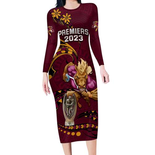 custom-nrl-broncos-premiers-long-sleeve-bodycon-dress-mascot-with-polynesian-pattern-version-2023