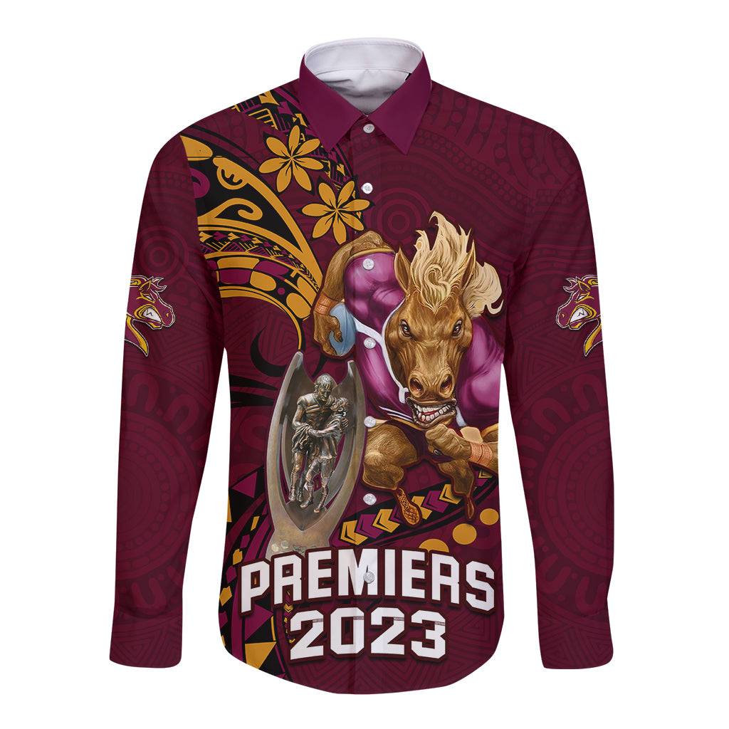 custom-nrl-broncos-premiers-long-sleeve-button-shirt-mascot-with-polynesian-pattern-version-2023