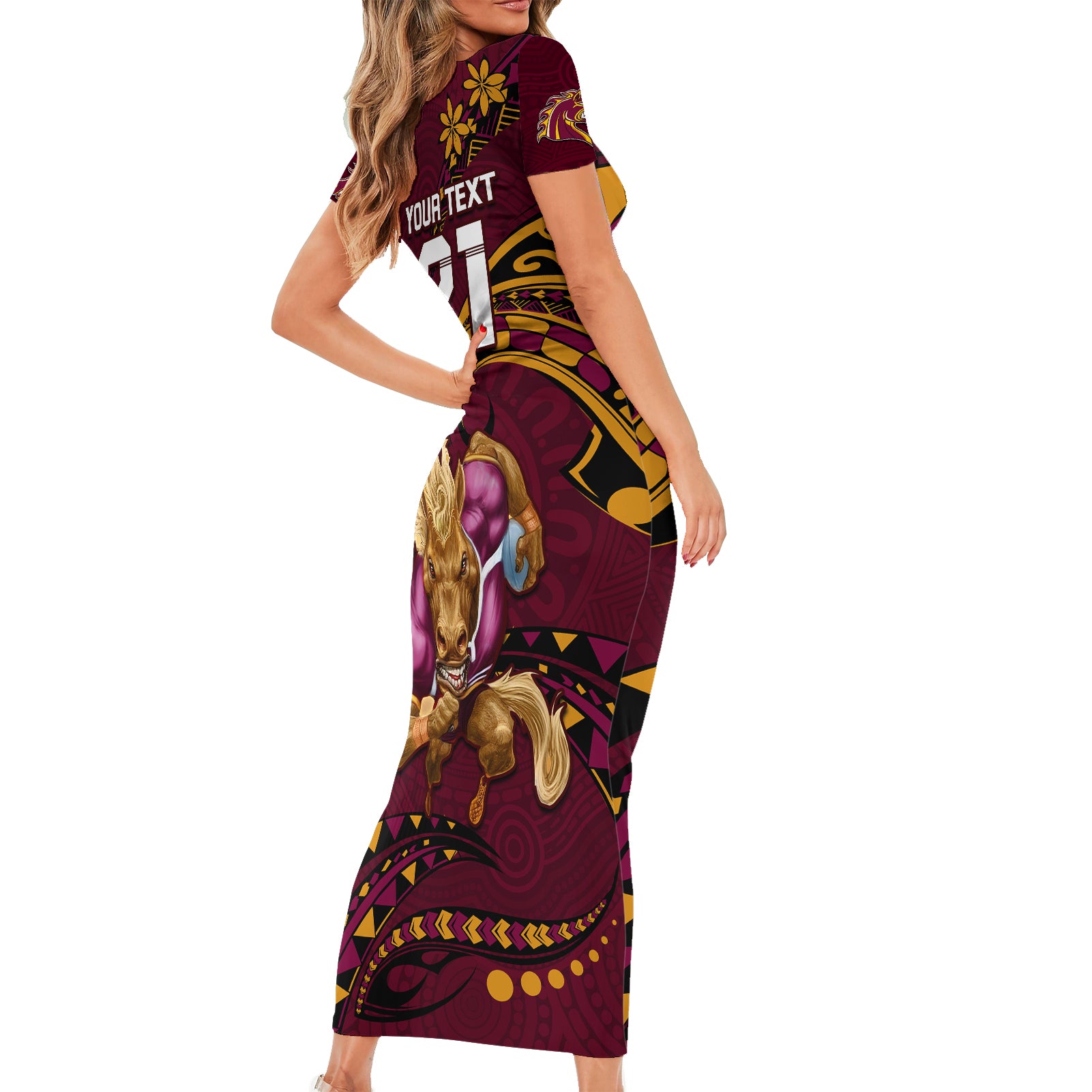 custom-nrl-broncos-premiers-short-sleeve-bodycon-dress-mascot-with-polynesian-pattern-version-2023