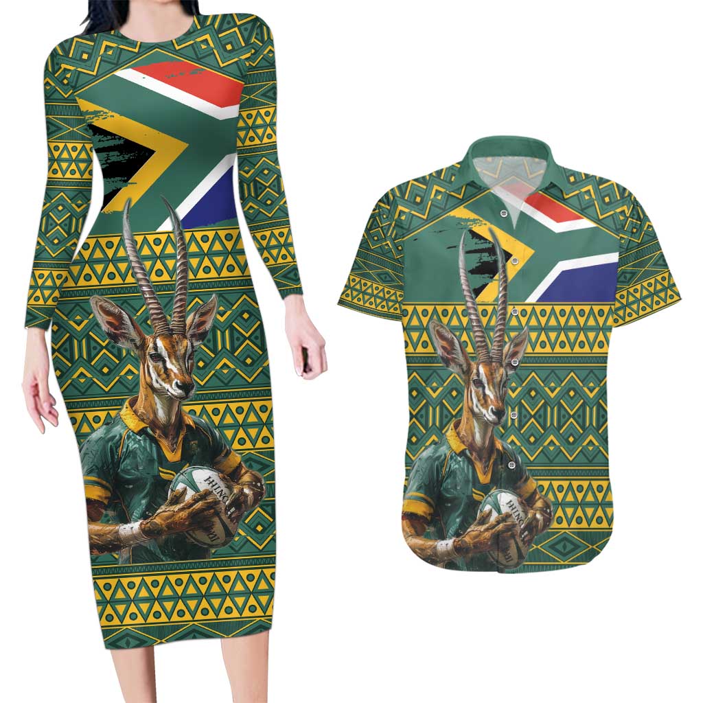 Custom South Africa Rugby Bokke Mascot Couples Matching Long Sleeve Bodycon Dress and Hawaiian Shirt With Flag Style