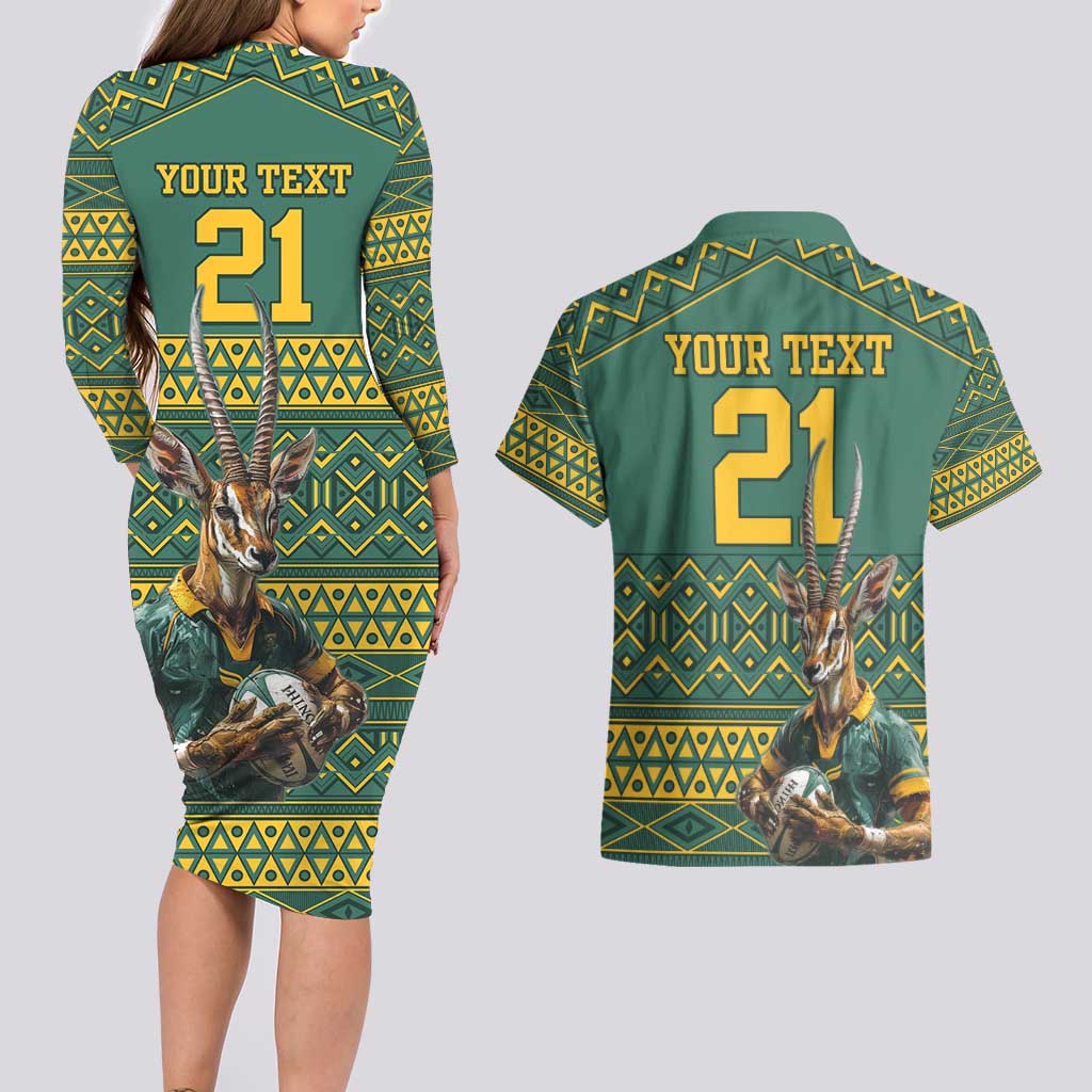 Custom South Africa Rugby Bokke Mascot Couples Matching Long Sleeve Bodycon Dress and Hawaiian Shirt With Flag Style