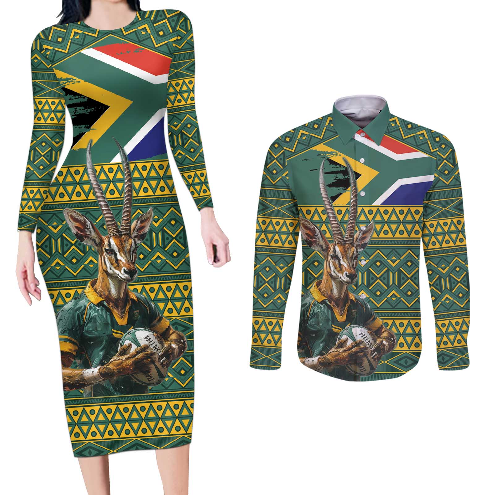 Custom South Africa Rugby Bokke Mascot Couples Matching Long Sleeve Bodycon Dress and Long Sleeve Button Shirt With Flag Style