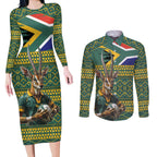 Custom South Africa Rugby Bokke Mascot Couples Matching Long Sleeve Bodycon Dress and Long Sleeve Button Shirt With Flag Style