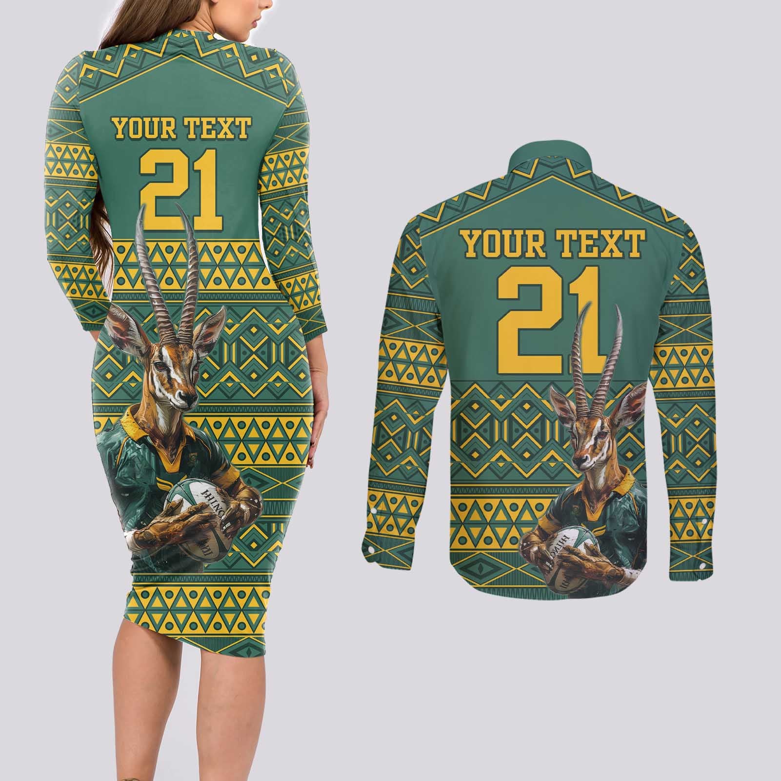 Custom South Africa Rugby Bokke Mascot Couples Matching Long Sleeve Bodycon Dress and Long Sleeve Button Shirt With Flag Style