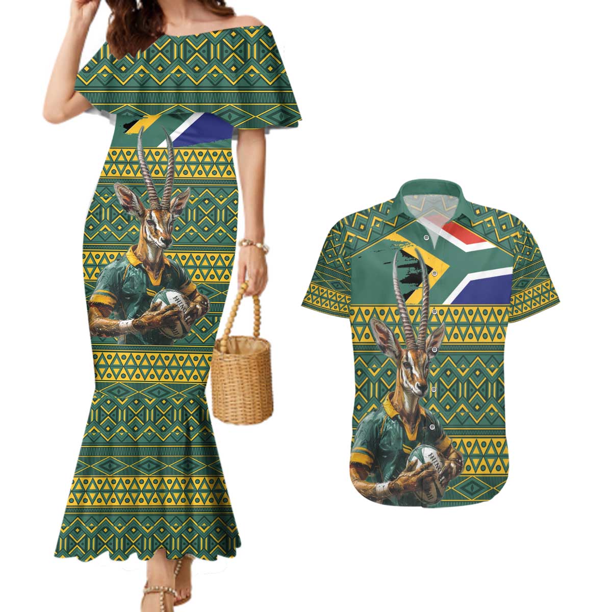 Custom South Africa Rugby Bokke Mascot Couples Matching Mermaid Dress and Hawaiian Shirt With Flag Style