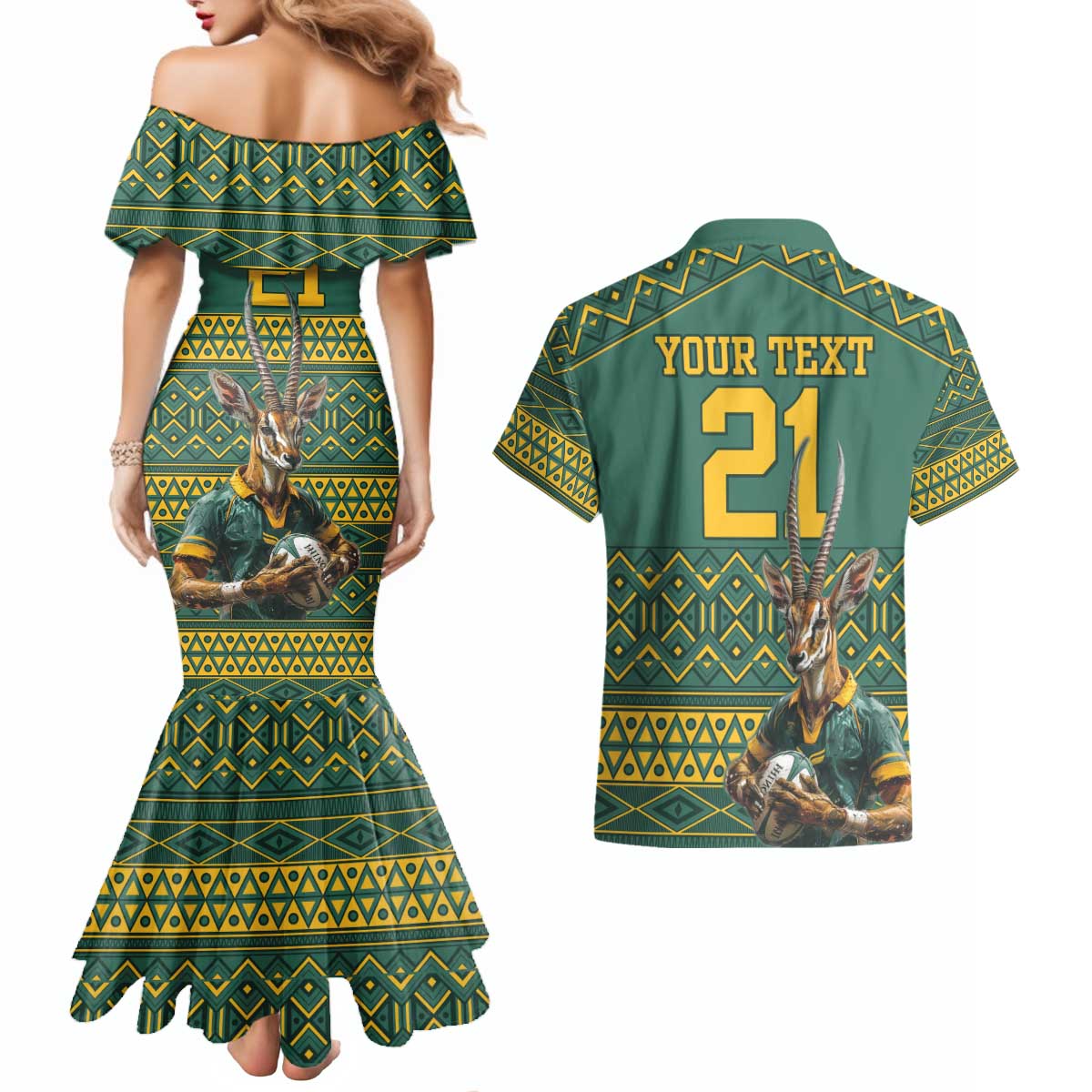 Custom South Africa Rugby Bokke Mascot Couples Matching Mermaid Dress and Hawaiian Shirt With Flag Style