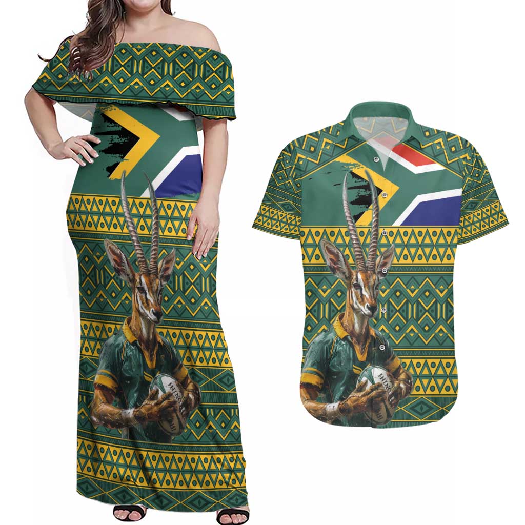 Custom South Africa Rugby Bokke Mascot Couples Matching Off Shoulder Maxi Dress and Hawaiian Shirt With Flag Style