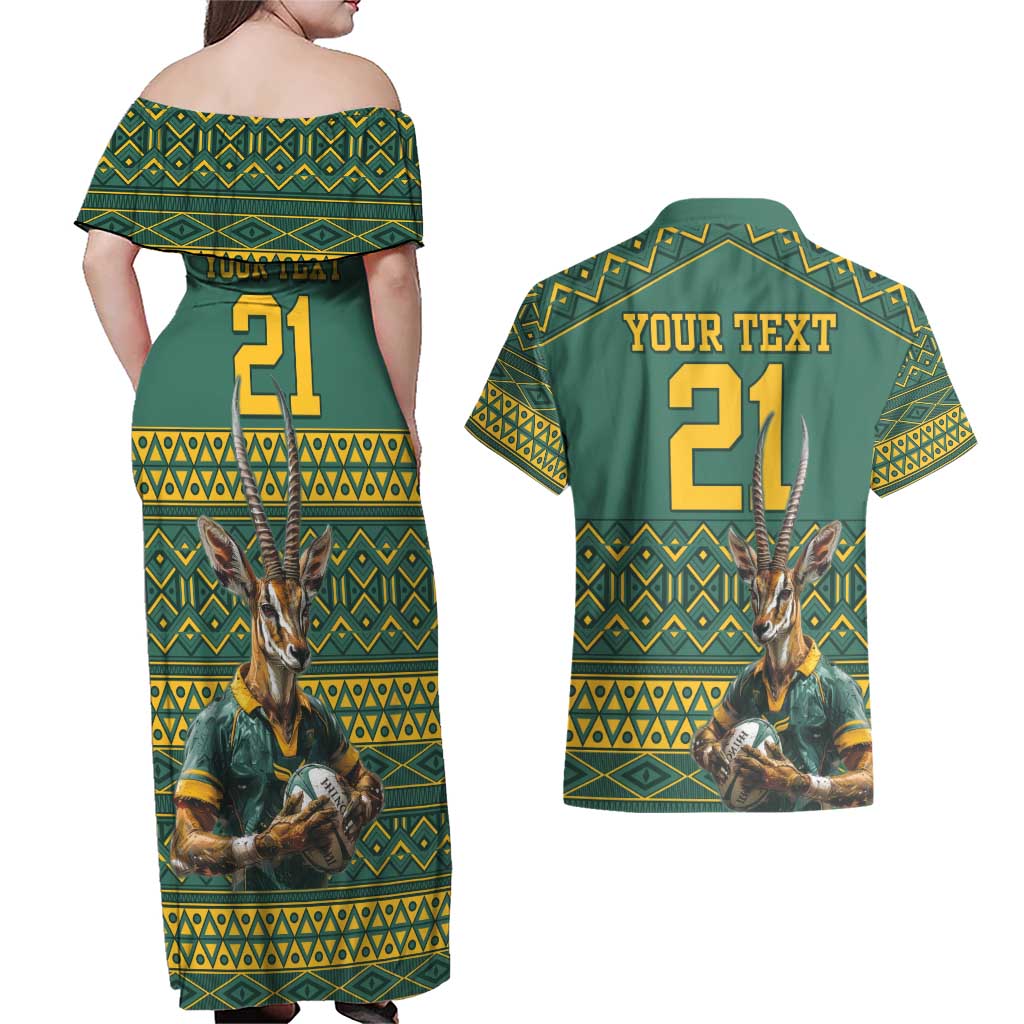 Custom South Africa Rugby Bokke Mascot Couples Matching Off Shoulder Maxi Dress and Hawaiian Shirt With Flag Style