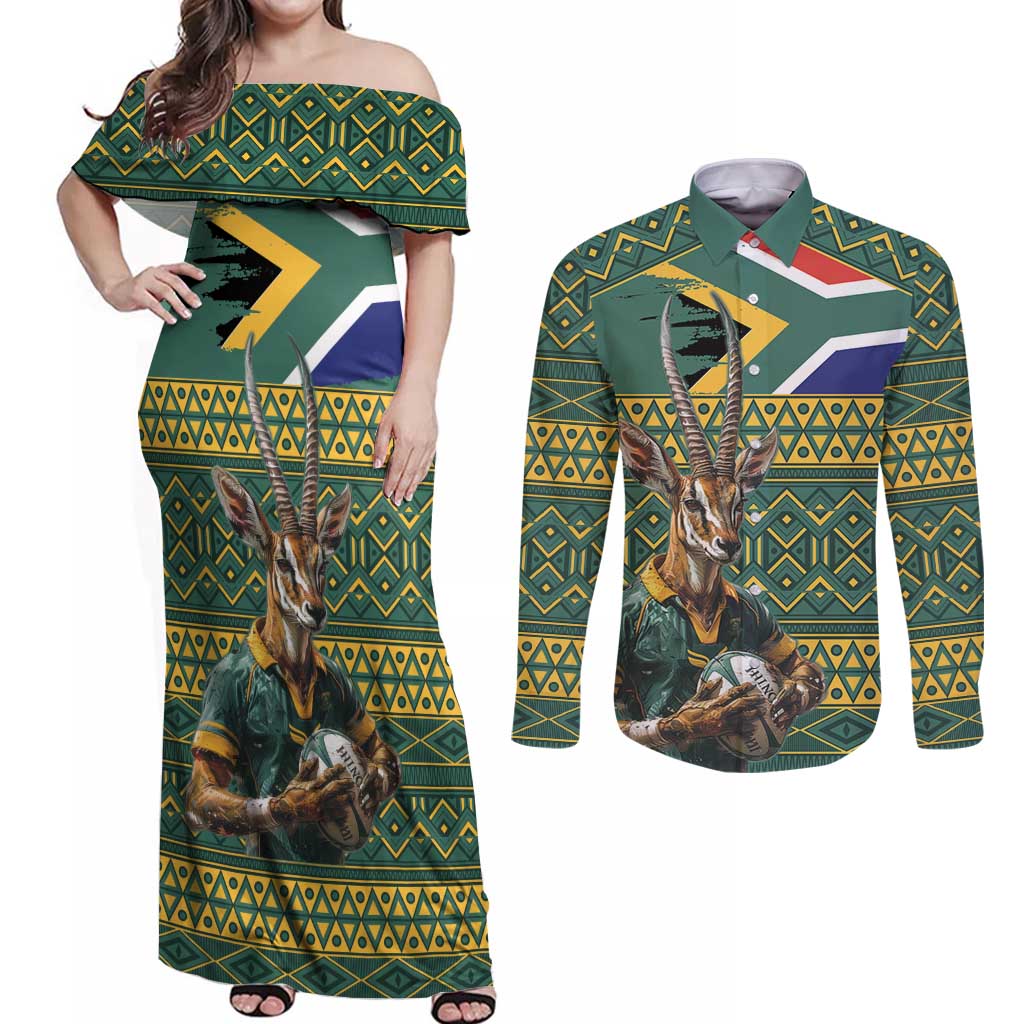 Custom South Africa Rugby Bokke Mascot Couples Matching Off Shoulder Maxi Dress and Long Sleeve Button Shirt With Flag Style