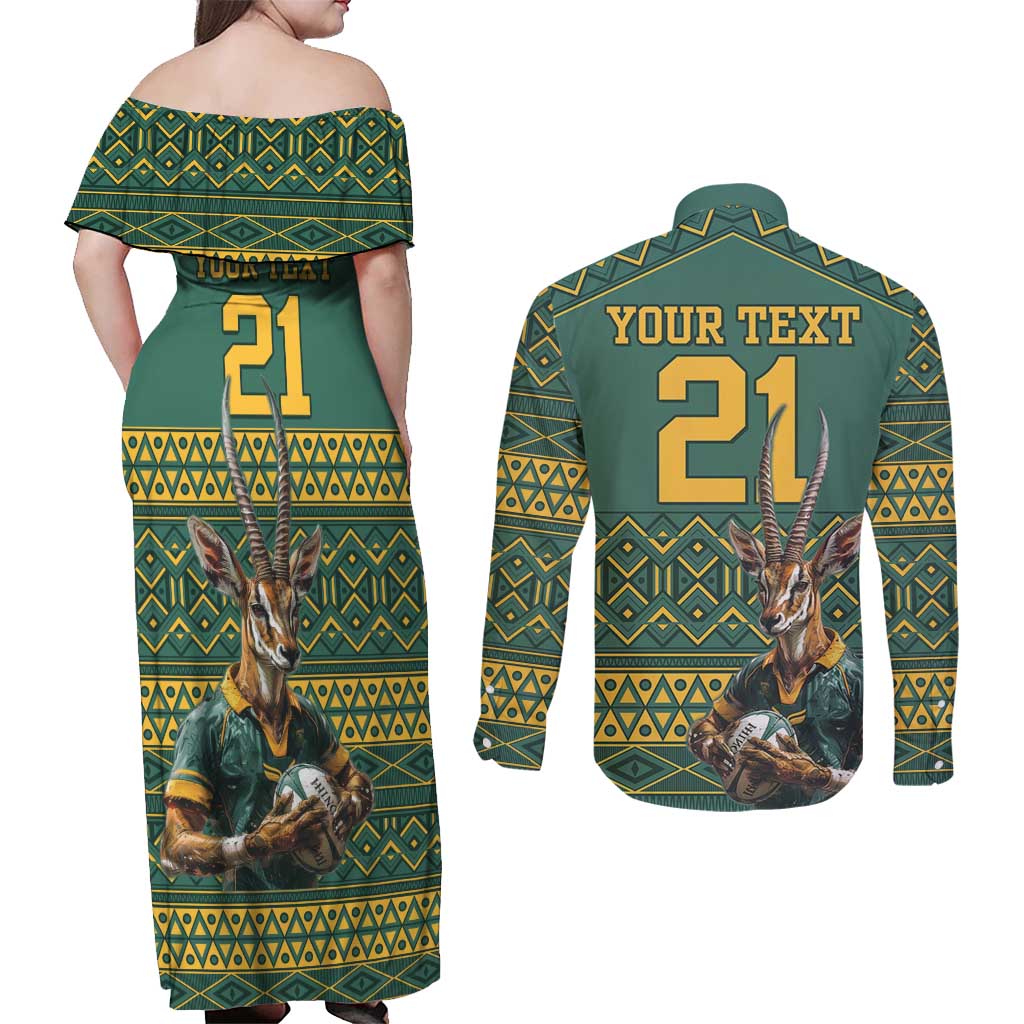 Custom South Africa Rugby Bokke Mascot Couples Matching Off Shoulder Maxi Dress and Long Sleeve Button Shirt With Flag Style
