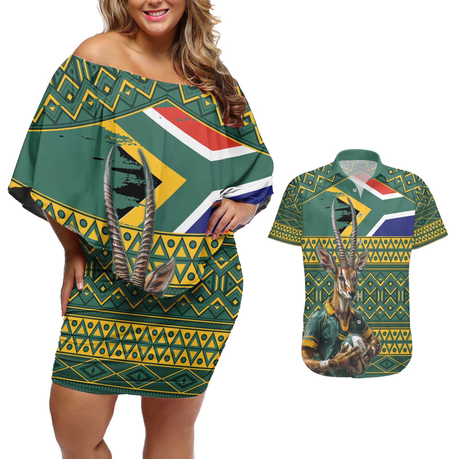 Custom South Africa Rugby Bokke Mascot Couples Matching Off Shoulder Short Dress and Hawaiian Shirt With Flag Style
