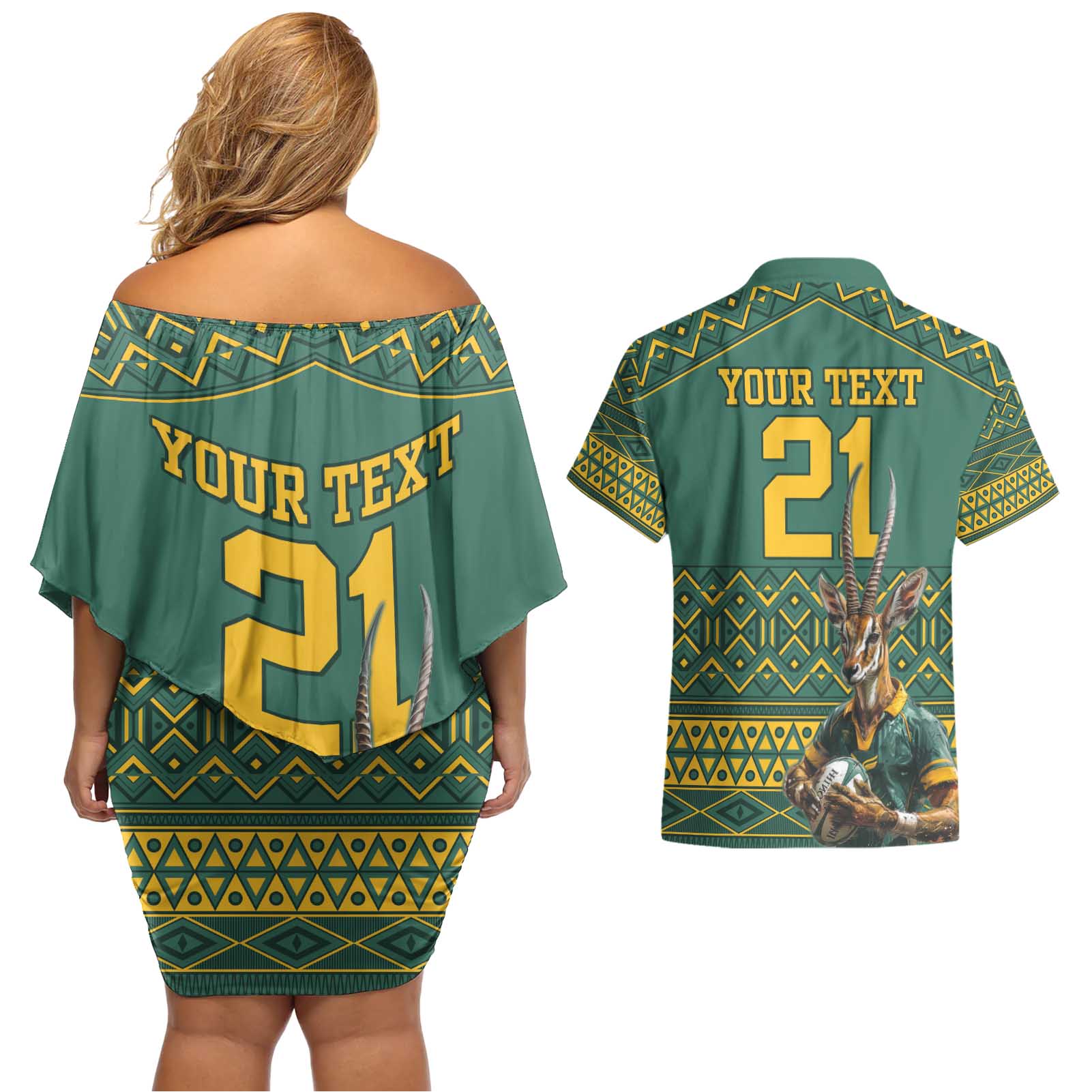 Custom South Africa Rugby Bokke Mascot Couples Matching Off Shoulder Short Dress and Hawaiian Shirt With Flag Style