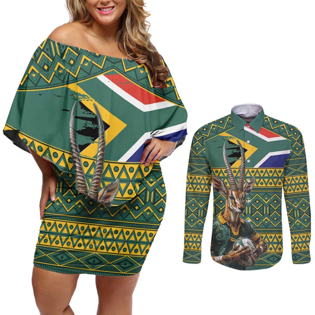 Custom South Africa Rugby Bokke Mascot Couples Matching Off Shoulder Short Dress and Long Sleeve Button Shirt With Flag Style
