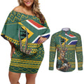 Custom South Africa Rugby Bokke Mascot Couples Matching Off Shoulder Short Dress and Long Sleeve Button Shirt With Flag Style
