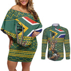 Custom South Africa Rugby Bokke Mascot Couples Matching Off Shoulder Short Dress and Long Sleeve Button Shirt With Flag Style