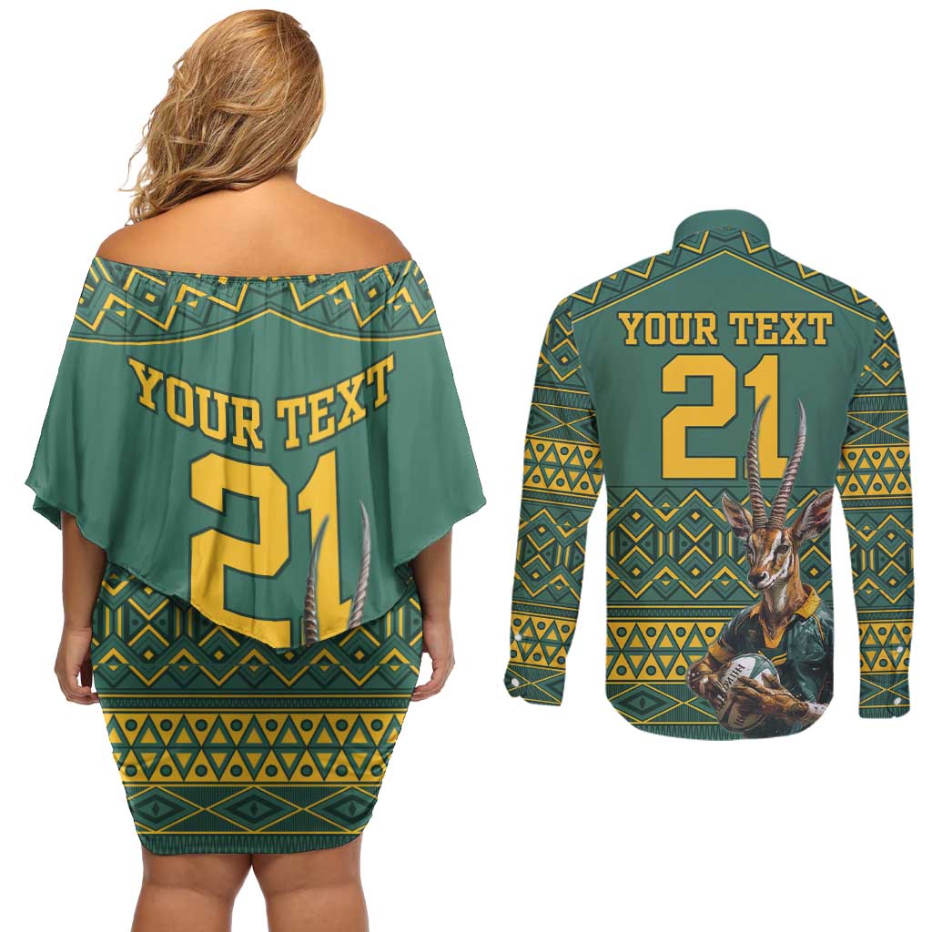 Custom South Africa Rugby Bokke Mascot Couples Matching Off Shoulder Short Dress and Long Sleeve Button Shirt With Flag Style