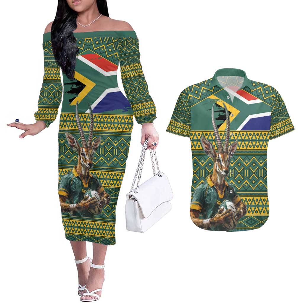 Custom South Africa Rugby Bokke Mascot Couples Matching Off The Shoulder Long Sleeve Dress and Hawaiian Shirt With Flag Style