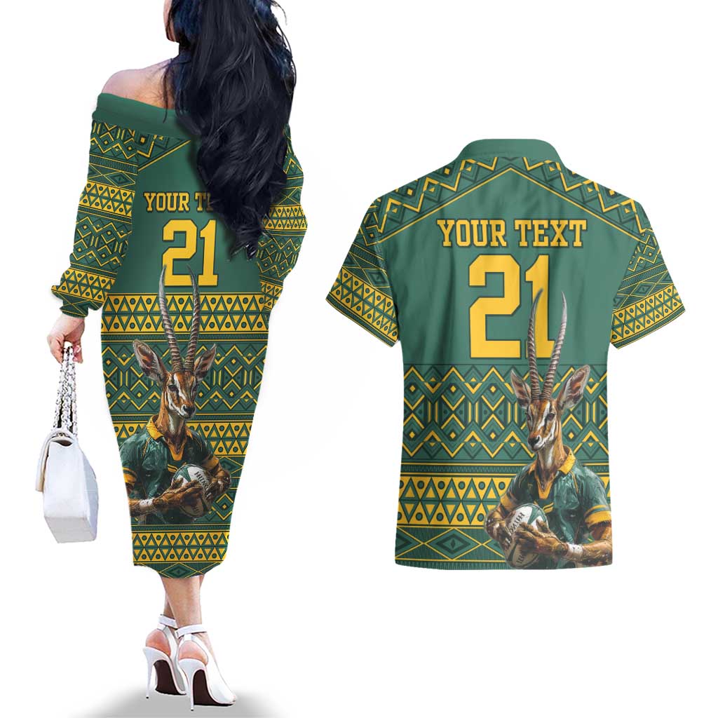 Custom South Africa Rugby Bokke Mascot Couples Matching Off The Shoulder Long Sleeve Dress and Hawaiian Shirt With Flag Style