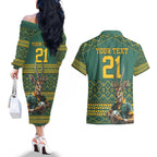 Custom South Africa Rugby Bokke Mascot Couples Matching Off The Shoulder Long Sleeve Dress and Hawaiian Shirt With Flag Style