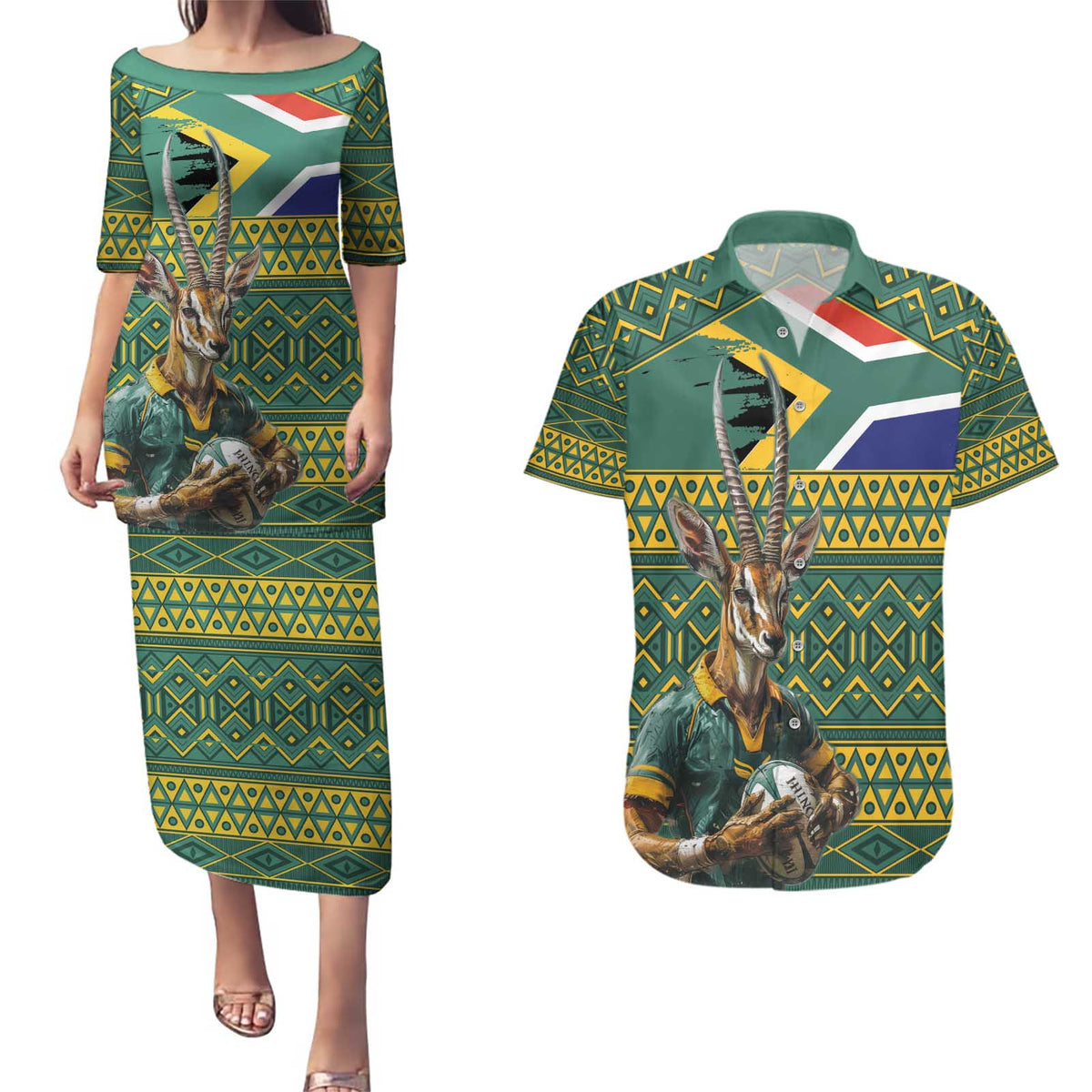 Custom South Africa Rugby Bokke Mascot Couples Matching Puletasi and Hawaiian Shirt With Flag Style