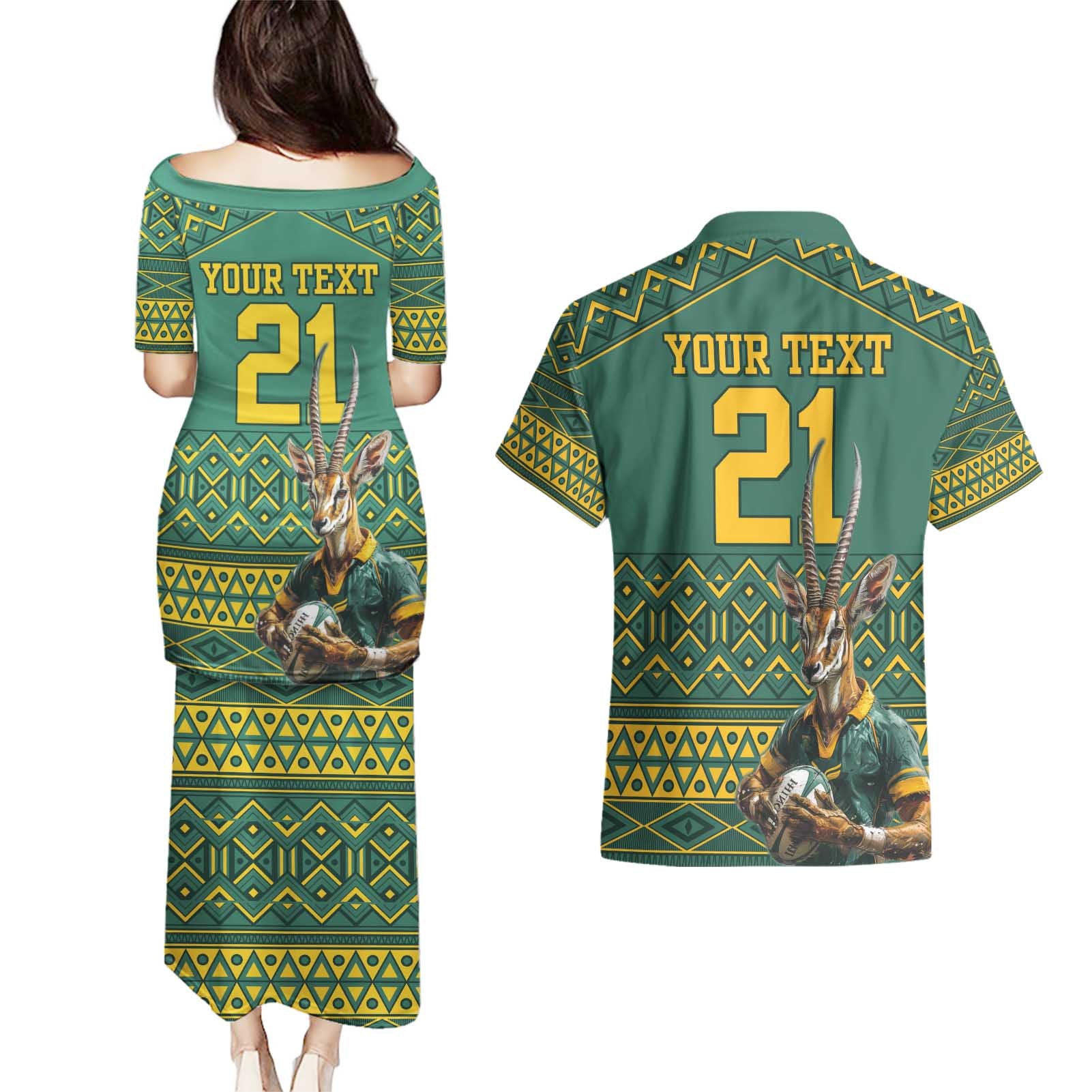 Custom South Africa Rugby Bokke Mascot Couples Matching Puletasi and Hawaiian Shirt With Flag Style