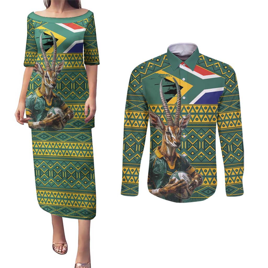 Custom South Africa Rugby Bokke Mascot Couples Matching Puletasi and Long Sleeve Button Shirt With Flag Style