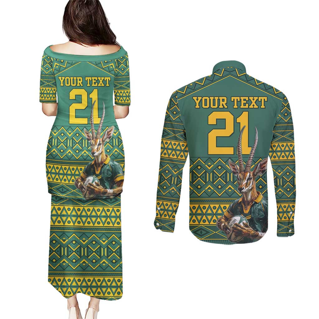 Custom South Africa Rugby Bokke Mascot Couples Matching Puletasi and Long Sleeve Button Shirt With Flag Style