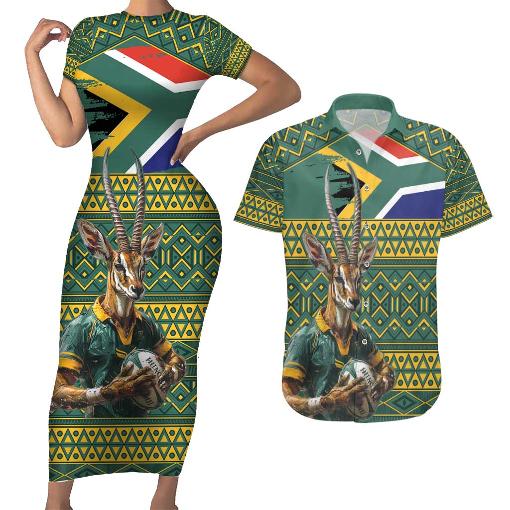 Custom South Africa Rugby Bokke Mascot Couples Matching Short Sleeve Bodycon Dress and Hawaiian Shirt With Flag Style