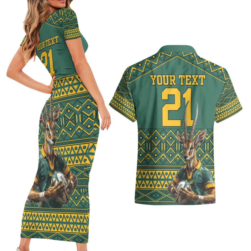 Custom South Africa Rugby Bokke Mascot Couples Matching Short Sleeve Bodycon Dress and Hawaiian Shirt With Flag Style