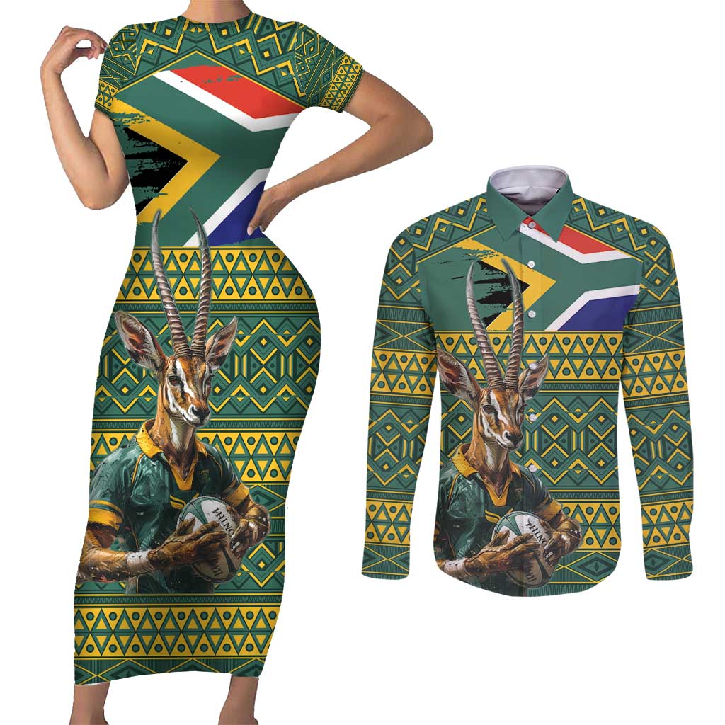 Custom South Africa Rugby Bokke Mascot Couples Matching Short Sleeve Bodycon Dress and Long Sleeve Button Shirt With Flag Style