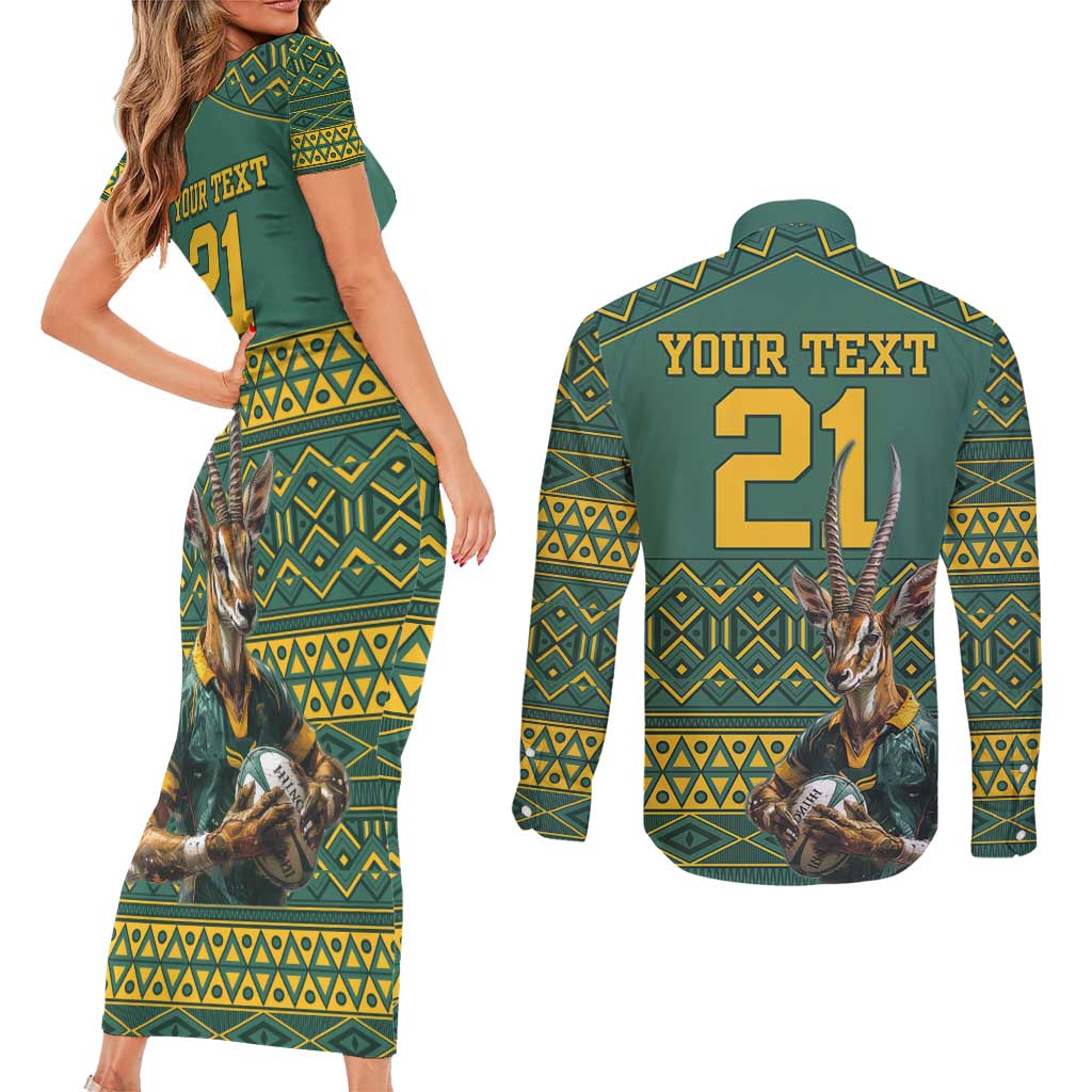 Custom South Africa Rugby Bokke Mascot Couples Matching Short Sleeve Bodycon Dress and Long Sleeve Button Shirt With Flag Style