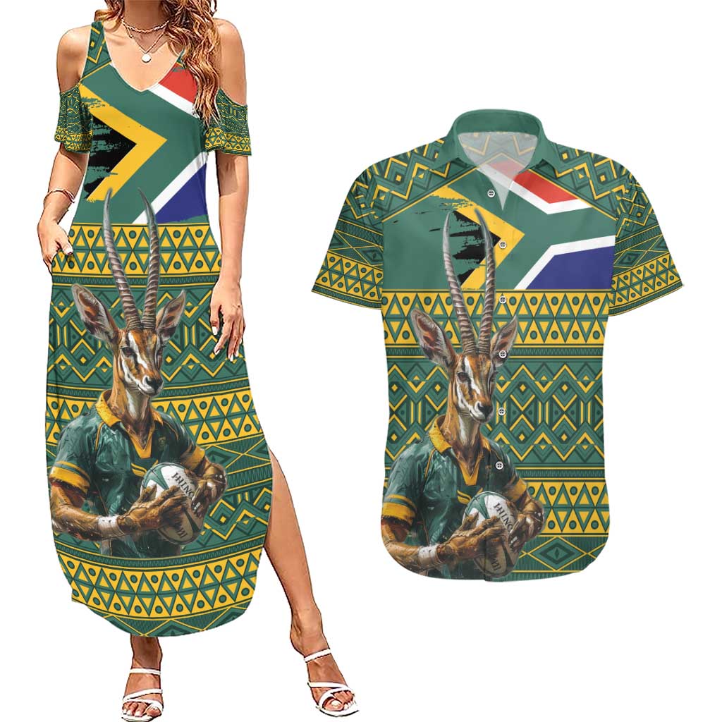Custom South Africa Rugby Bokke Mascot Couples Matching Summer Maxi Dress and Hawaiian Shirt With Flag Style