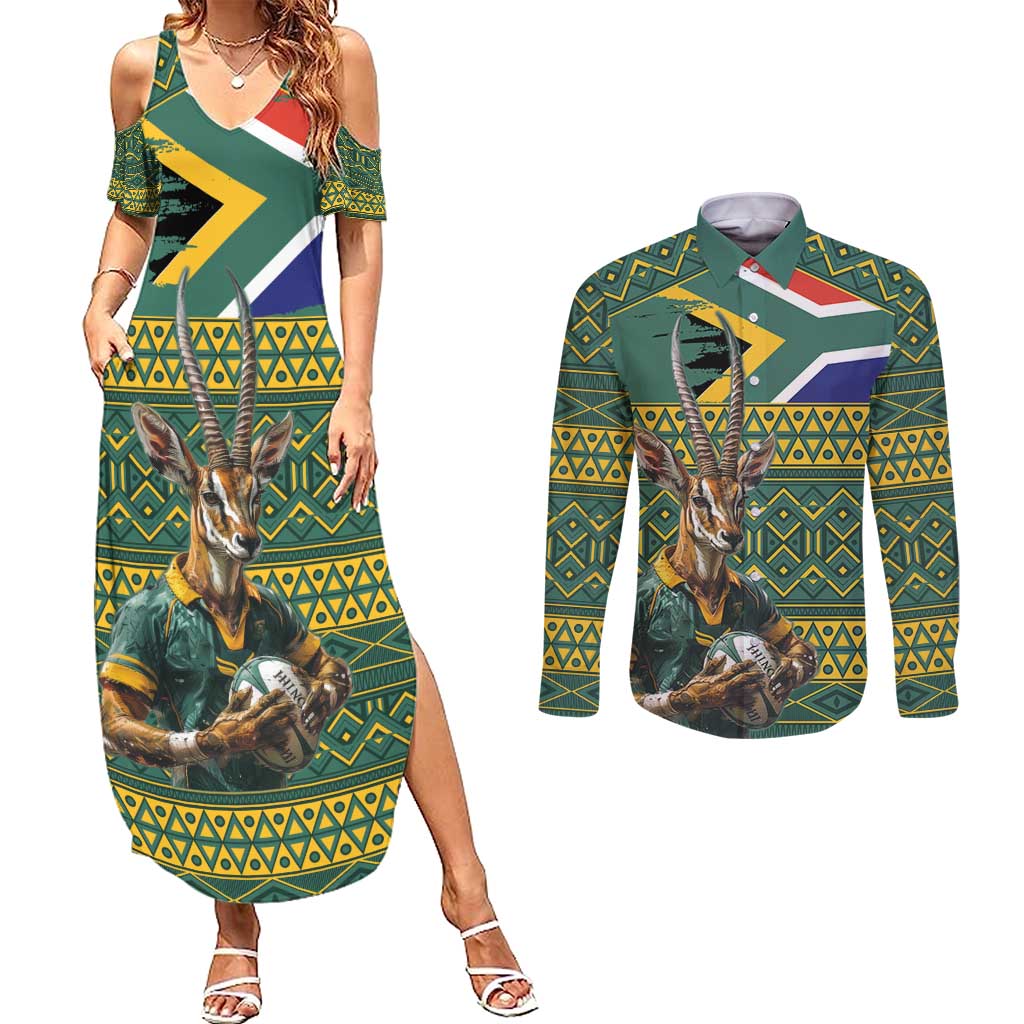 Custom South Africa Rugby Bokke Mascot Couples Matching Summer Maxi Dress and Long Sleeve Button Shirt With Flag Style