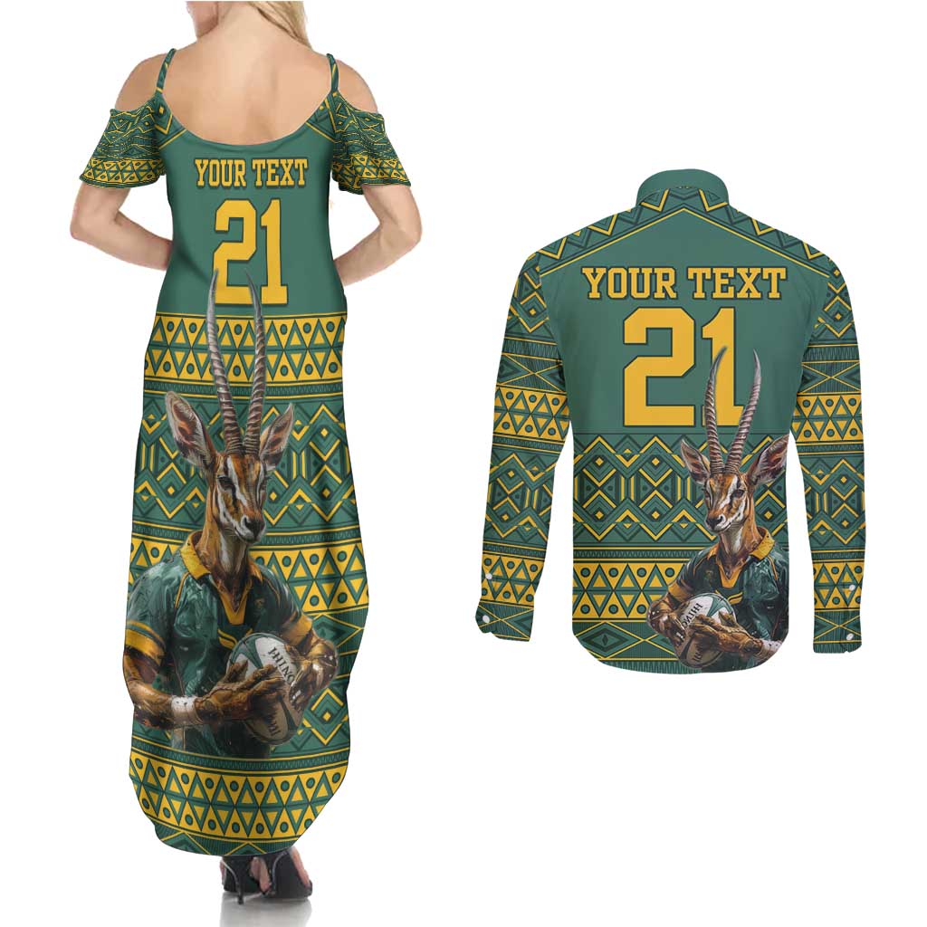 Custom South Africa Rugby Bokke Mascot Couples Matching Summer Maxi Dress and Long Sleeve Button Shirt With Flag Style