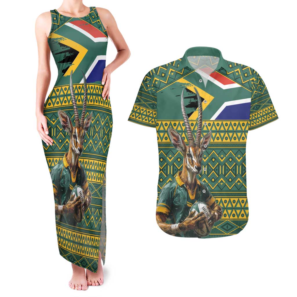Custom South Africa Rugby Bokke Mascot Couples Matching Tank Maxi Dress and Hawaiian Shirt With Flag Style