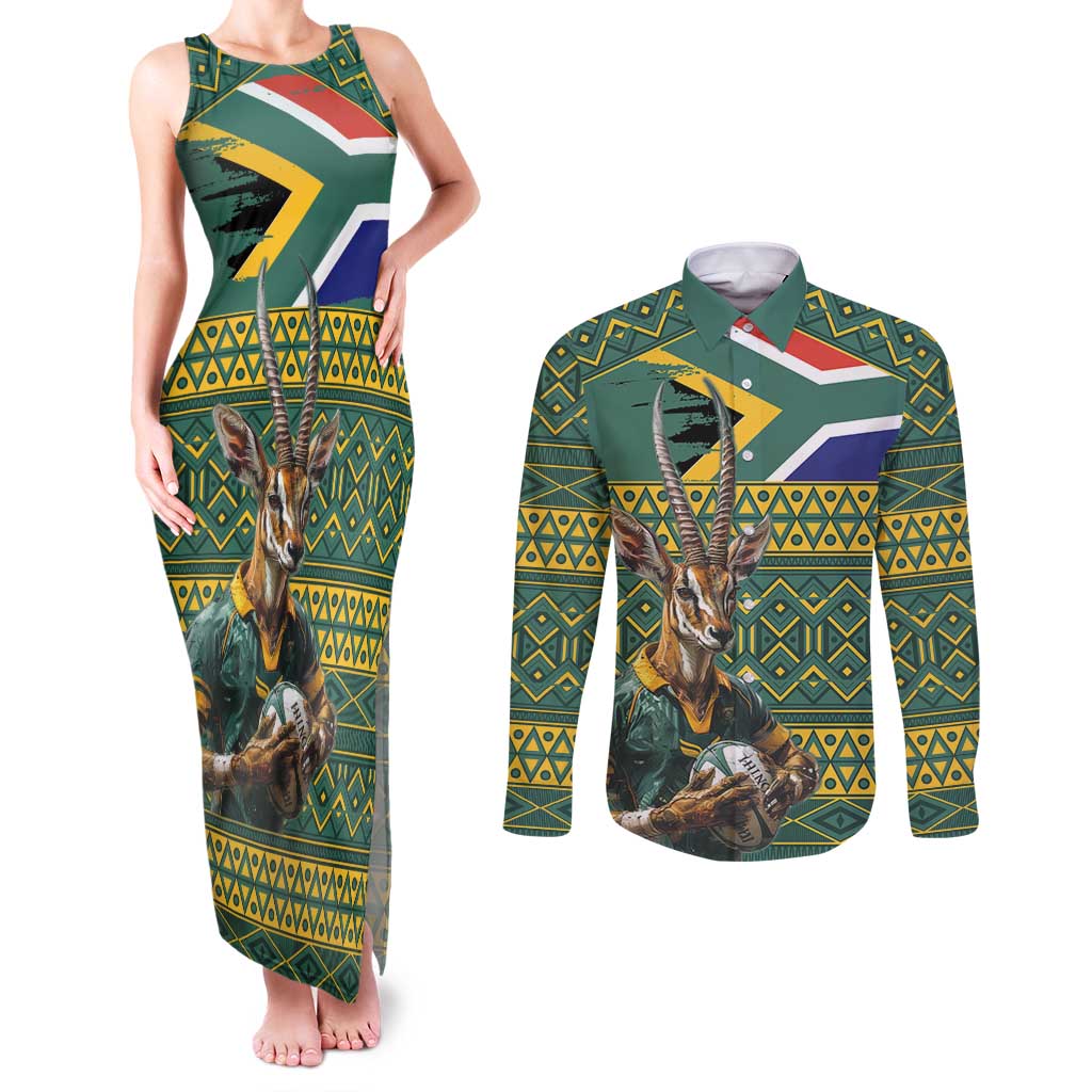 Custom South Africa Rugby Bokke Mascot Couples Matching Tank Maxi Dress and Long Sleeve Button Shirt With Flag Style