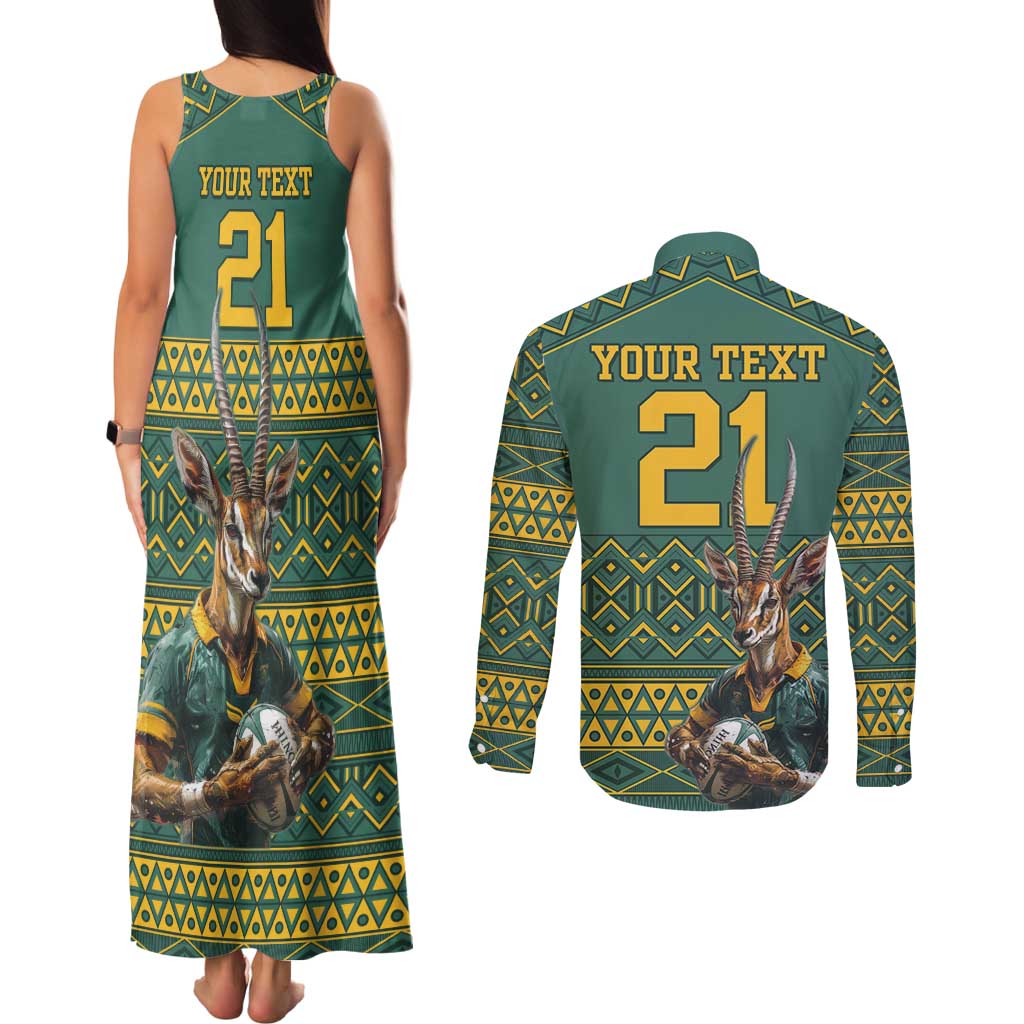 Custom South Africa Rugby Bokke Mascot Couples Matching Tank Maxi Dress and Long Sleeve Button Shirt With Flag Style