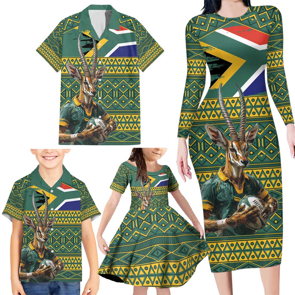 Custom South Africa Rugby Bokke Mascot Family Matching Long Sleeve Bodycon Dress and Hawaiian Shirt With Flag Style