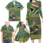 Custom South Africa Rugby Bokke Mascot Family Matching Long Sleeve Bodycon Dress and Hawaiian Shirt With Flag Style