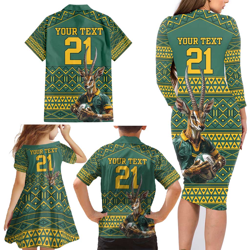 Custom South Africa Rugby Bokke Mascot Family Matching Long Sleeve Bodycon Dress and Hawaiian Shirt With Flag Style