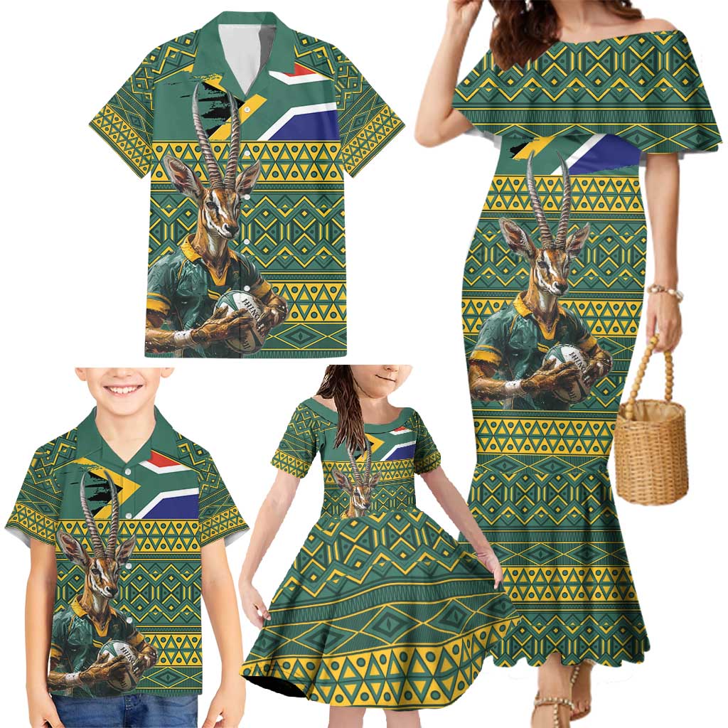 Custom South Africa Rugby Bokke Mascot Family Matching Mermaid Dress and Hawaiian Shirt With Flag Style