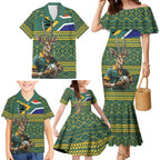 Custom South Africa Rugby Bokke Mascot Family Matching Mermaid Dress and Hawaiian Shirt With Flag Style