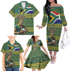Custom South Africa Rugby Bokke Mascot Family Matching Off The Shoulder Long Sleeve Dress and Hawaiian Shirt With Flag Style