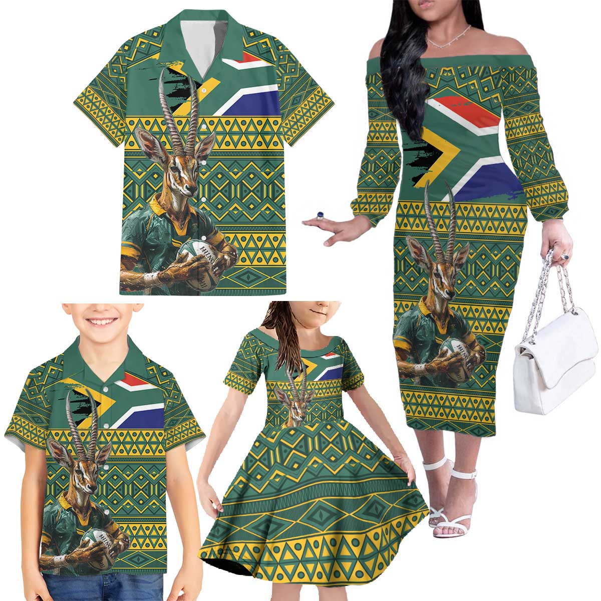 Custom South Africa Rugby Bokke Mascot Family Matching Off The Shoulder Long Sleeve Dress and Hawaiian Shirt With Flag Style