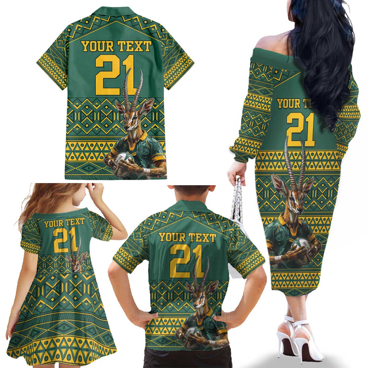 Custom South Africa Rugby Bokke Mascot Family Matching Off The Shoulder Long Sleeve Dress and Hawaiian Shirt With Flag Style