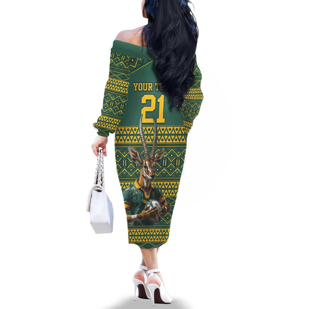 Custom South Africa Rugby Bokke Mascot Family Matching Off The Shoulder Long Sleeve Dress and Hawaiian Shirt With Flag Style