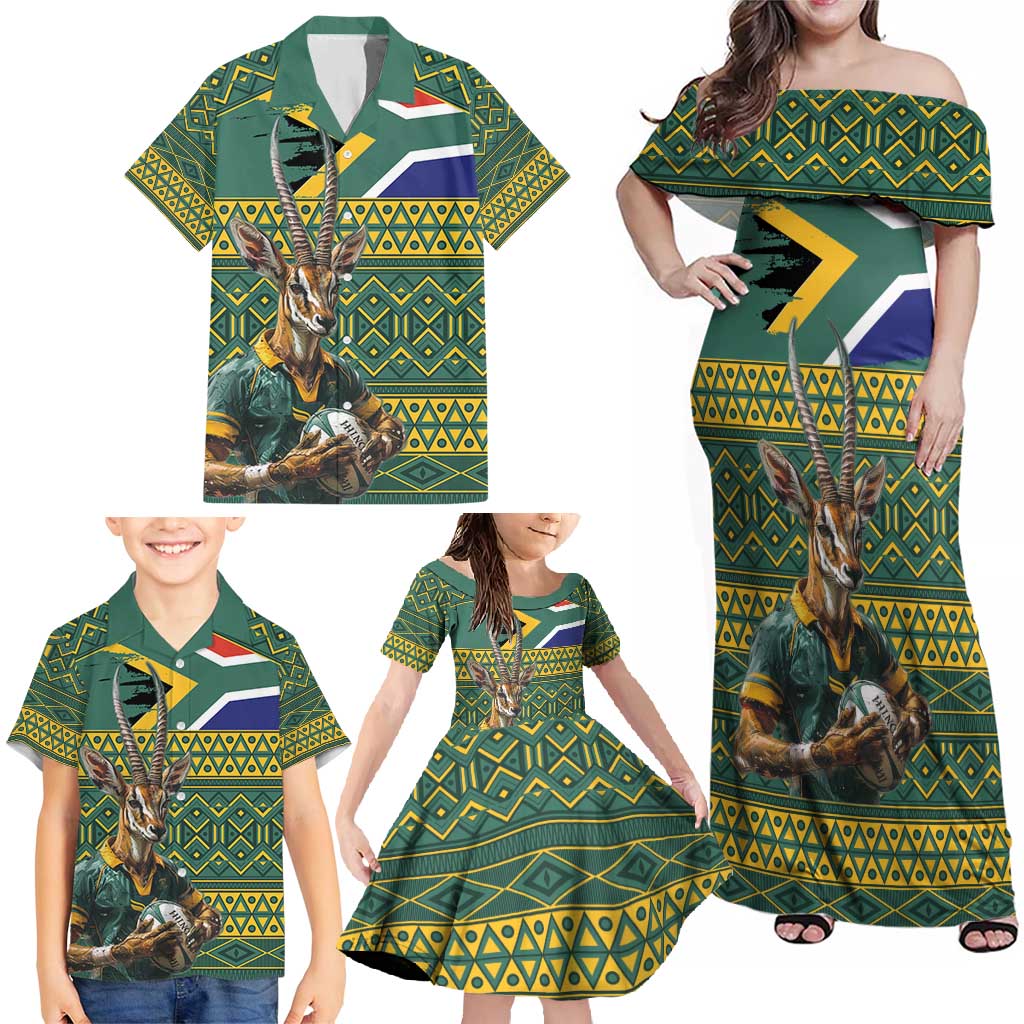 Custom South Africa Rugby Bokke Mascot Family Matching Off Shoulder Maxi Dress and Hawaiian Shirt With Flag Style